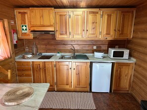 Una cocina compacta con armarios de madera, un lavamanos, un tostador, un microondas y un refrigerador.