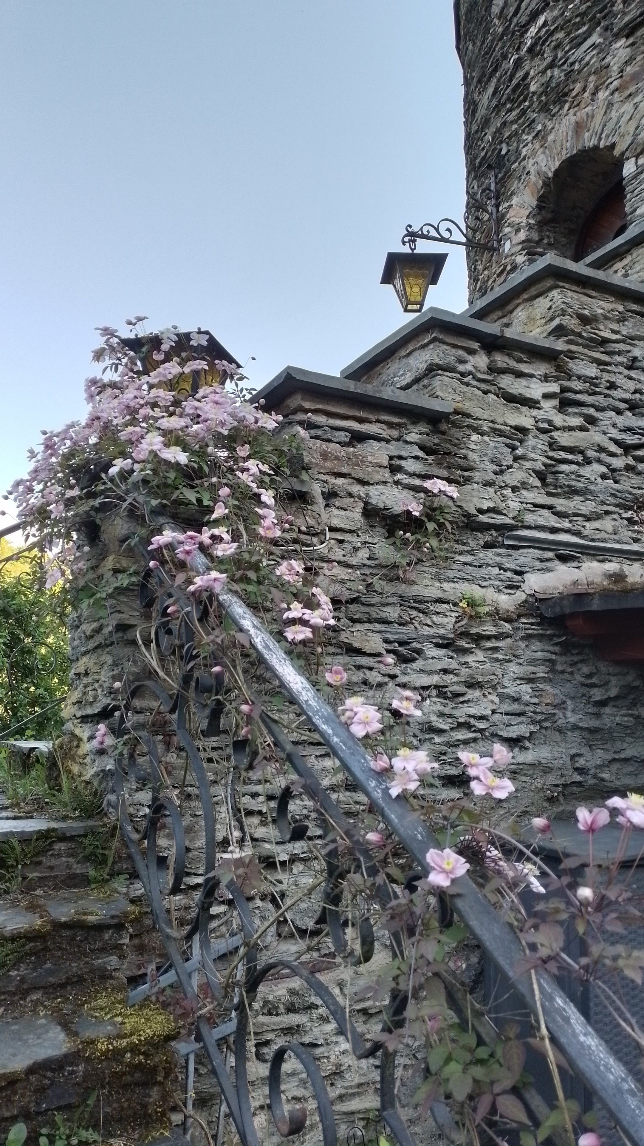 Ein Steinhaus mit einer Metalltreppe und rosa Blumen.