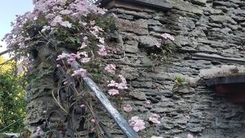 Ein Steinhaus mit einer Metalltreppe und rosa Blumen.