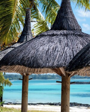 Une scène de plage avec des parasols en chaume et une vue dégagée sur l’océan.