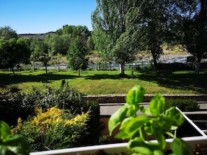 Un jardín ajardinado con diversos árboles y arbustos, un muro de piedra y vistas a un río.