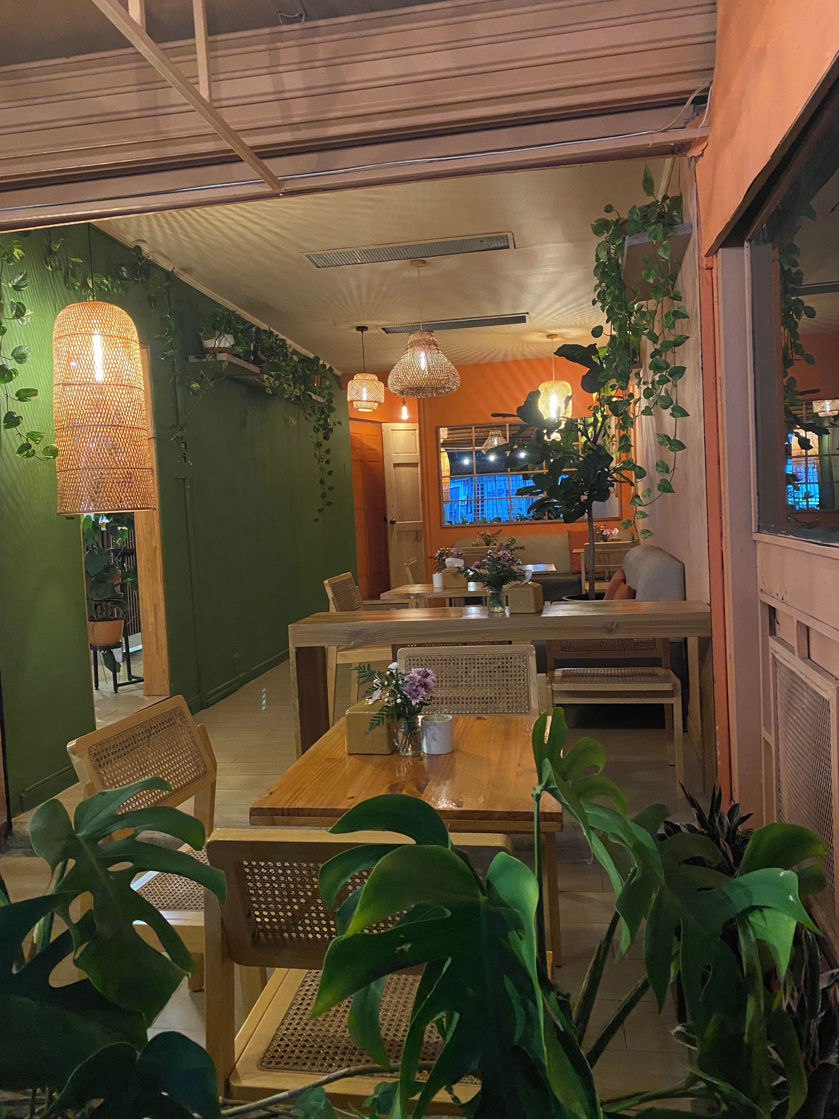 A dining area with wooden tables and chairs, hanging wicker lamps, and green plants.