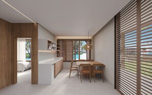 A modern kitchen with a wooden countertop, a dining area with a table and chairs, and a view of a swimming pool through large windows. - Jeriquiá Lagoa - GAV Hotéis e Resorts (CRUZ)