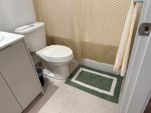 Ein Badezimmer mit Toilette, Bidet, Duschvorhang und einer kleinen Teppich.