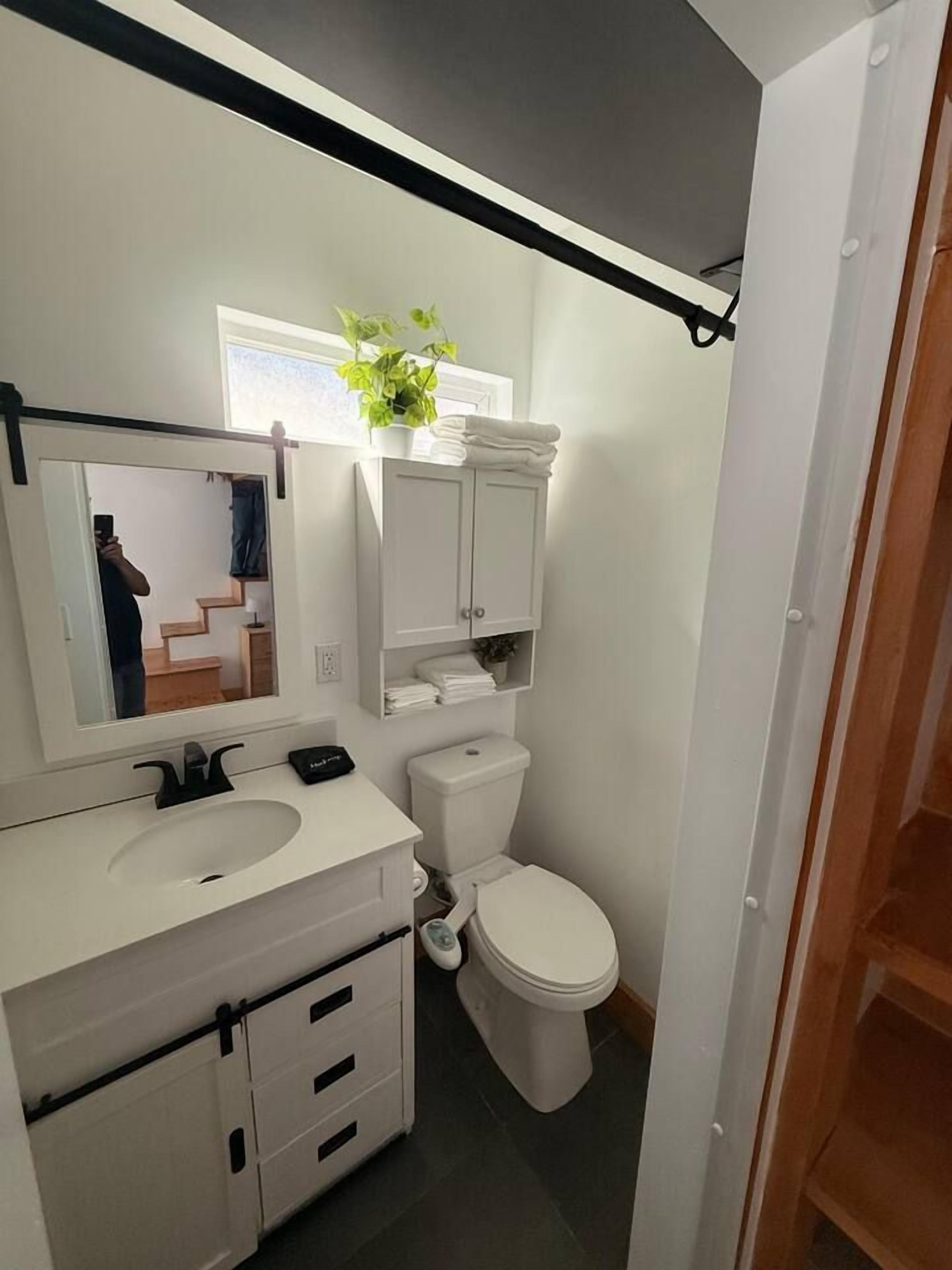 Ein kleines Badezimmer mit einem weißen Waschbecken, Spiegel und Toilette. Über dem Waschbecken befindet sich ein kleines Fenster und ein Topf mit einer Pflanze steht auf dem Fensterbrett.