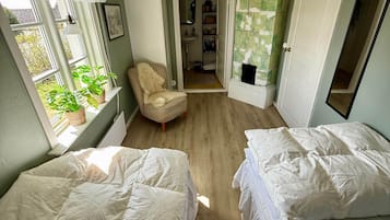 Huoneessa on kaksi sänkyä, tuoli, ikkunassa kasveja, ovi ja peili.