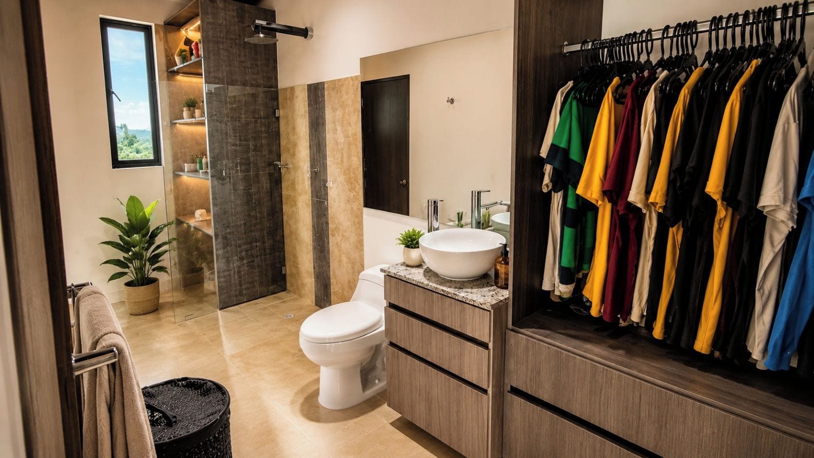 Et moderne badeværelse med toilet, håndvask og brusebad. Der er et tøjstativ med forskelligt tøj.