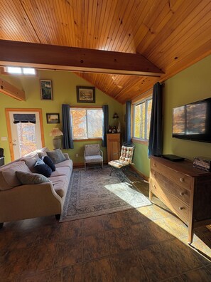 A cozy living room with a wooden ceiling, a sofa, a patterned rug, a television, and a window with curtains. - Delightful 2-bedroom, solar-powered cabin in charming Vermont awaits you (Chittenden)