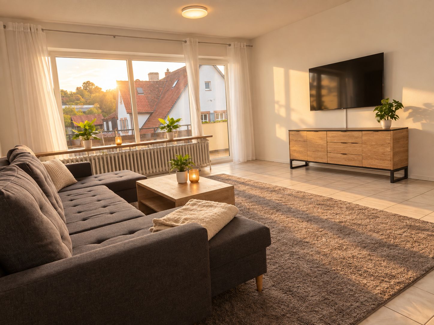 Un salon moderne avec un canapé, une table basse et un téléviseur fixé au mur.