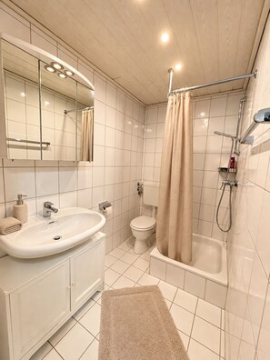 Ein Badezimmer mit Waschbecken, Toilette, Dusche und Spiegel.