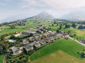 Vista aérea de una zona residencial con casas, una piscina y campos verdes.