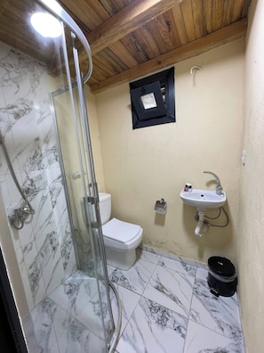 Ein Badezimmer mit einer Duschkabine, einer Toilette und einem Waschbecken.