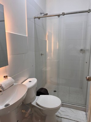 Une salle de bain avec une douche à parois de verre, un lavabo blanc et deux toilettes.