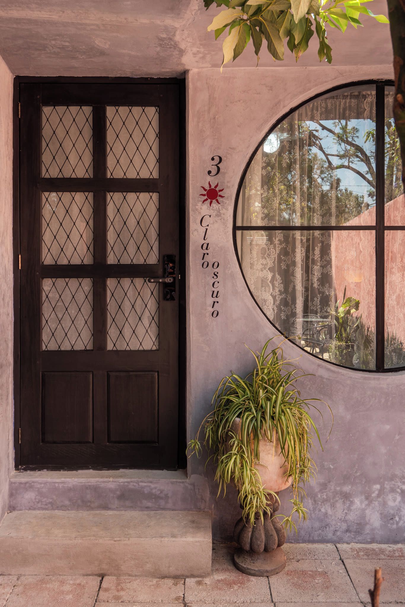 Entrada de un edificio con una puerta de madera oscura, un ventanal con vistas y una planta en maceta.