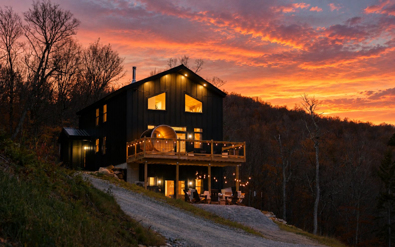 Cabin beneath a glowing sunset