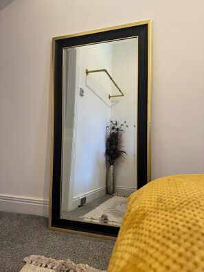 A room with a large mirror, a door, a small plant, and a textured yellow object. - 2 Bedroom Flat - Central Location nearby Gateshead stadium metro line (Gateshead)