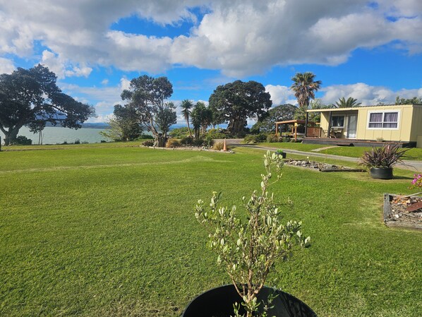 A grassy area with a building and trees in the background.