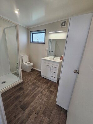 A bathroom with a shower, toilet, and vanity.