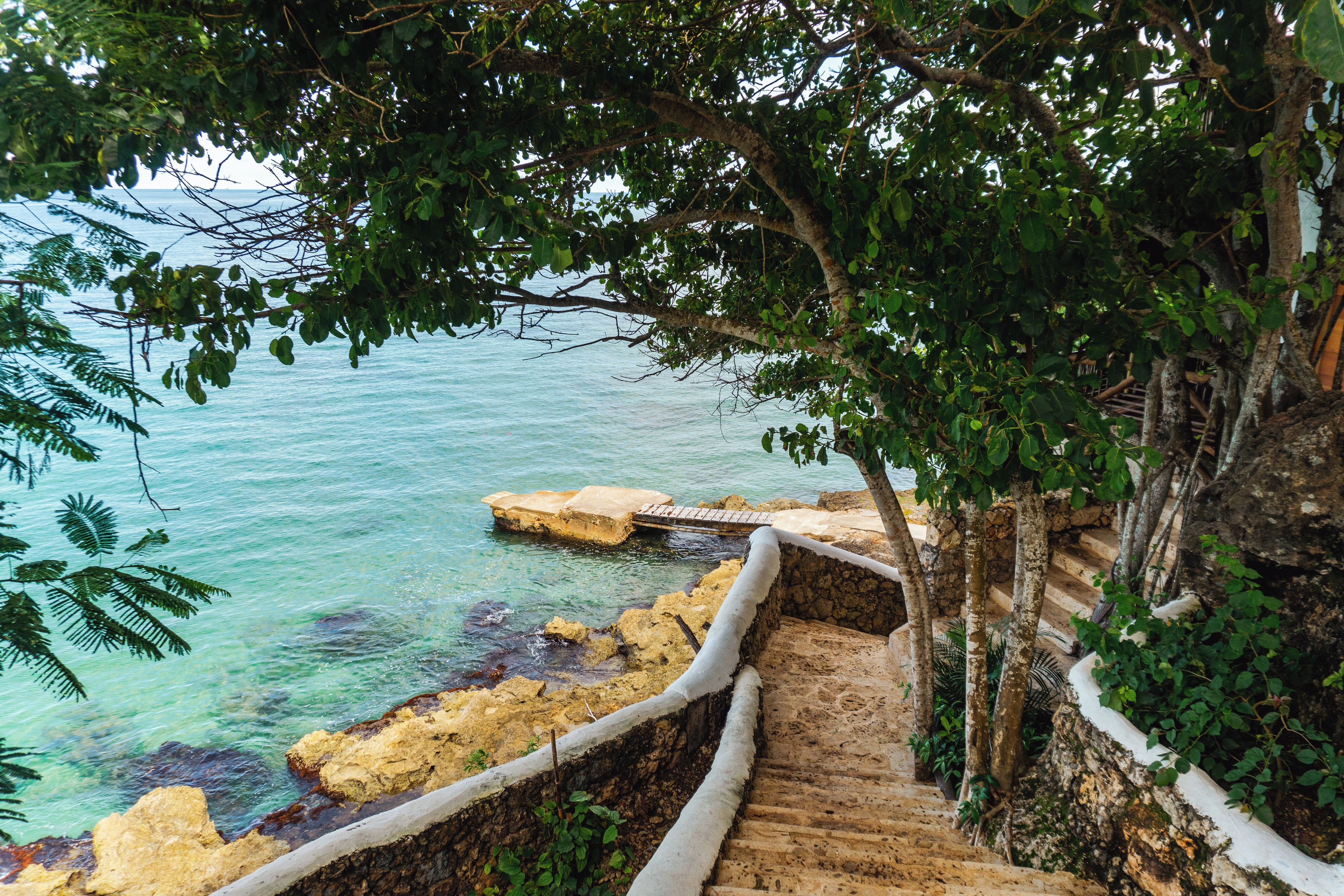 A staircase leading down to a rocky shoreline with clear water, surrounded by lush greenery.