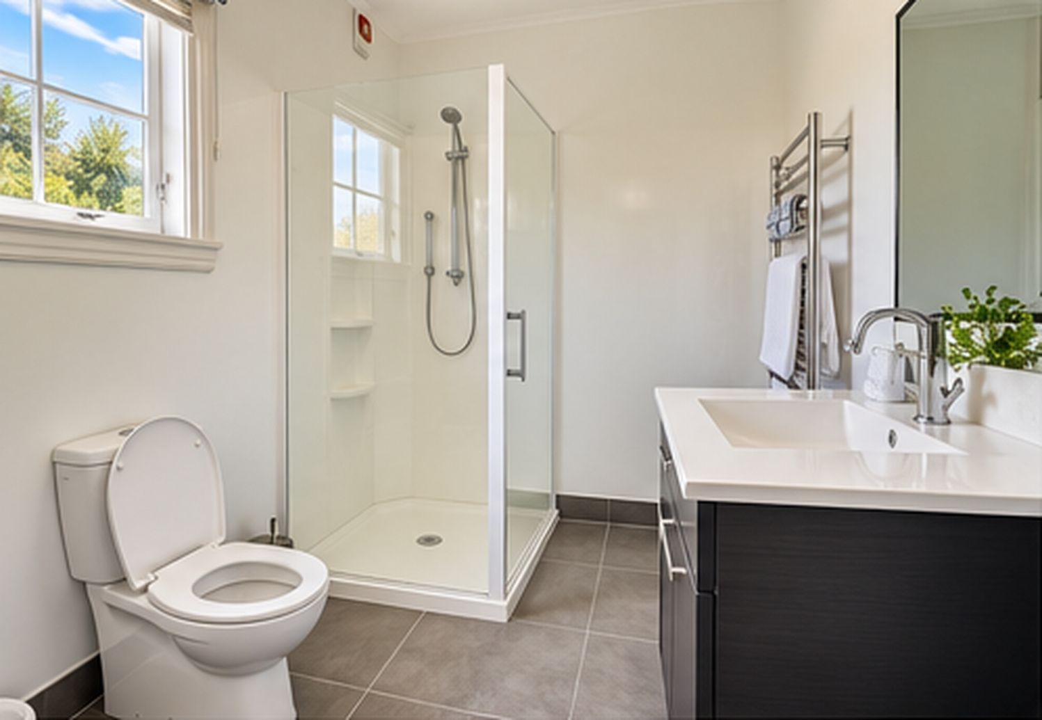 Un baño con inodoro, ducha con mampara de vidrio, lavabo y espejo.