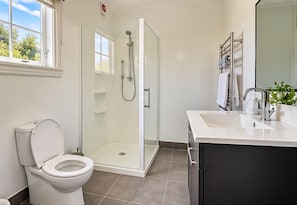 A bathroom with a toilet, a glass-enclosed shower, a sink, and a mirror.