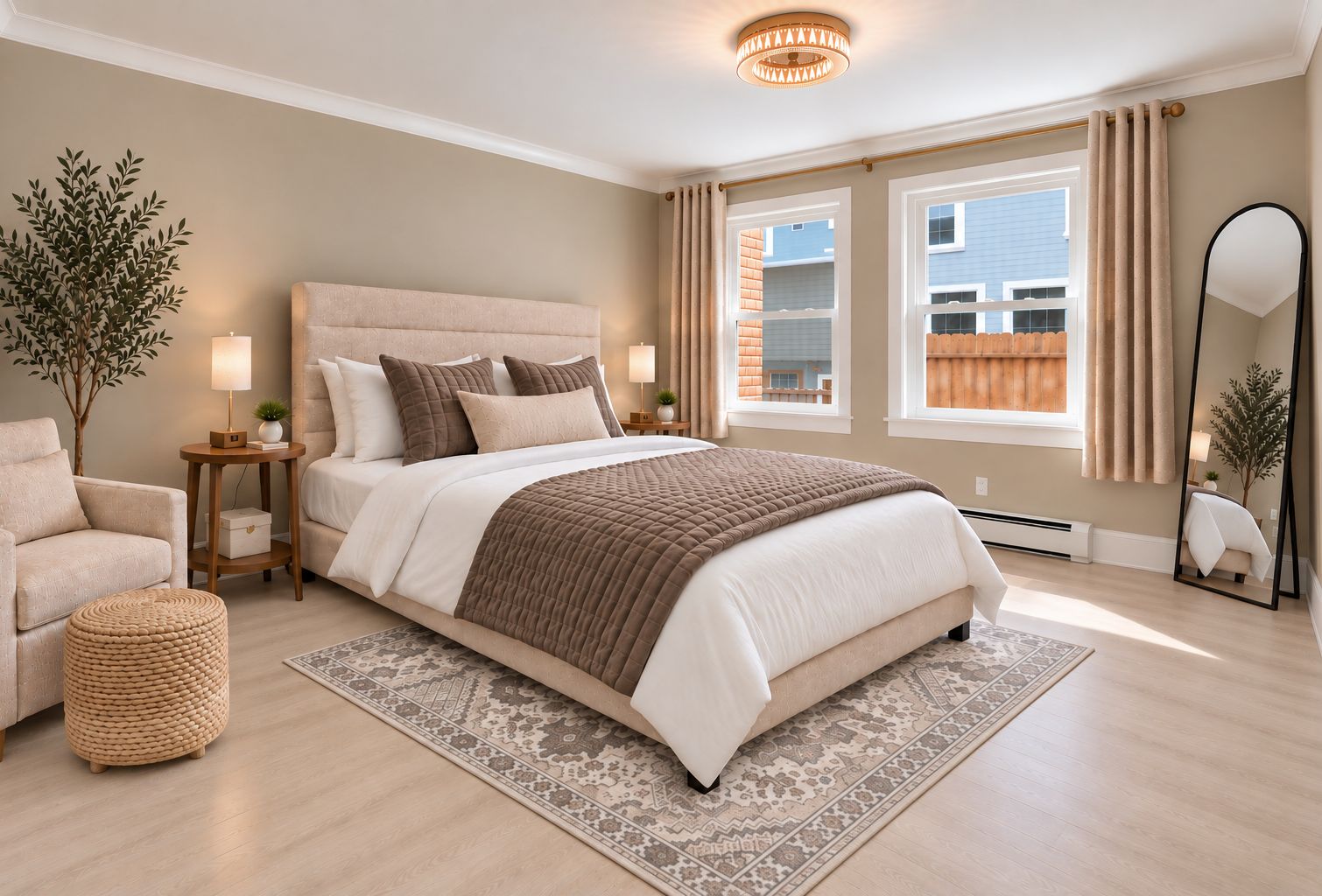 A bedroom with a large bed, bedside tables, a mirror, and a view of the outside.