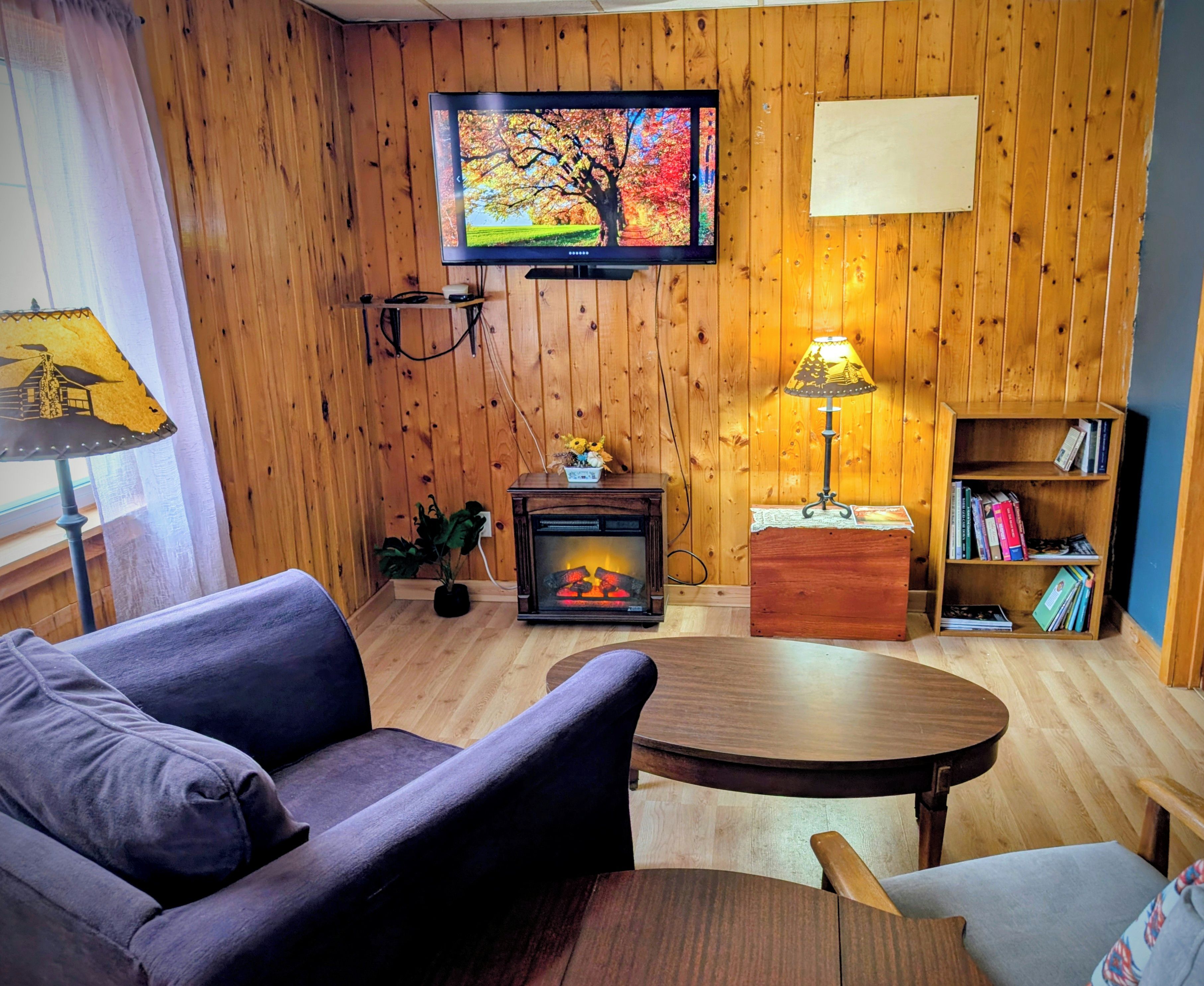 Un salon chaleureux avec un téléviseur, une cheminée, une bibliothèque et un coin salon confortable.