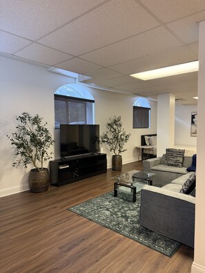 A modern living room with a flat-screen TV, two potted plants, a grey sofa, and a patterned rug. - Family Sized Apt. — in the Heart of Hyde Park ! (Chicago)
