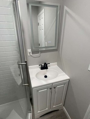 Une salle de bain avec un lavabo blanc, un miroir au-dessus et une porte de douche.