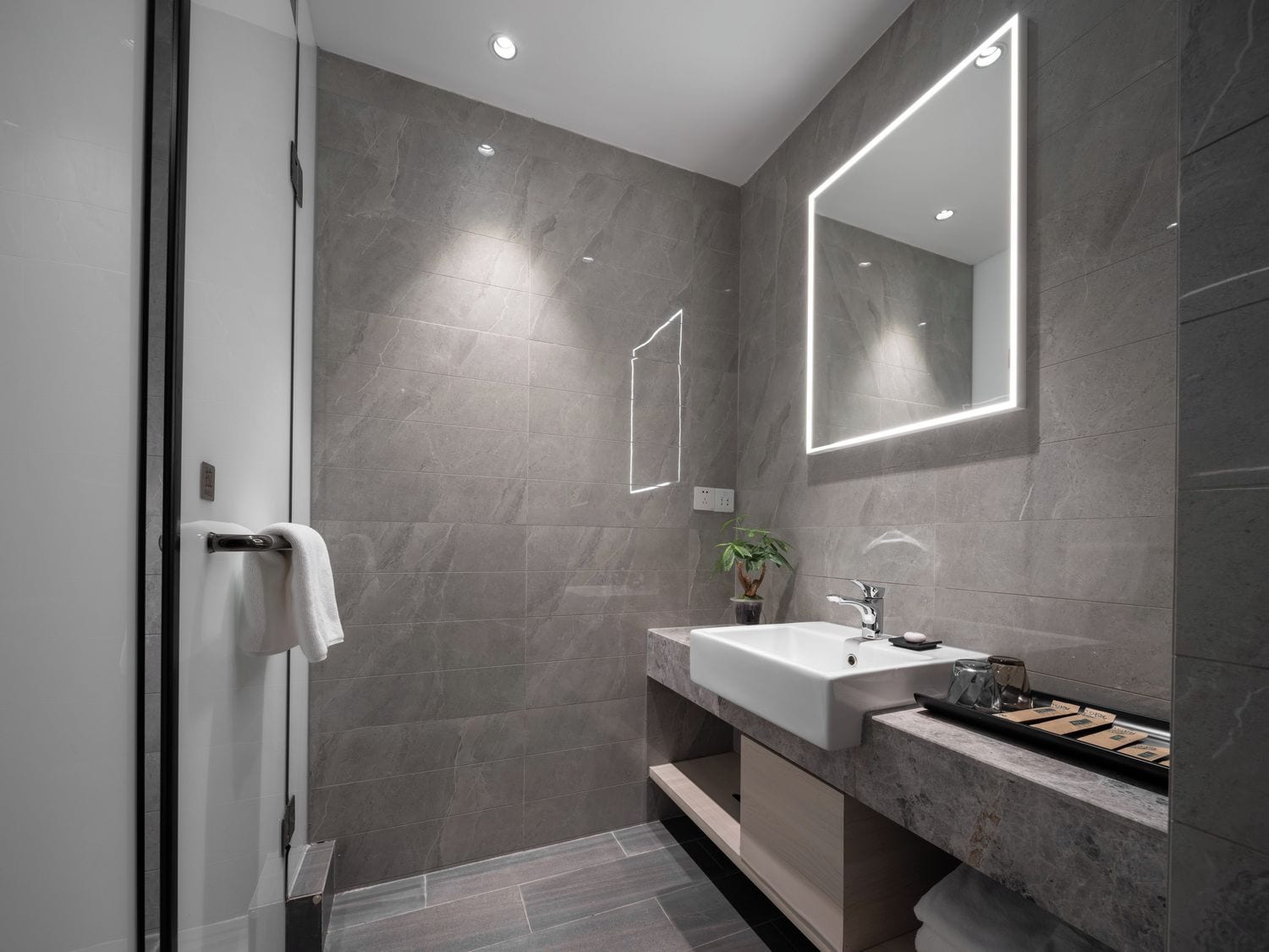 A modern bathroom with a glass shower enclosure, a white sink, and a large mirror.
