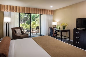 Een hotelkamer met een groot bed, een bureau met een computer, een televisie en uitzicht op een tuin door de schuifdeur.