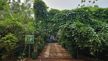 Un chemin menant à un bâtiment entouré d’une végétation luxuriante, avec une pancarte indiquant qu’il s’agit d’un complexe hôtelier situé en forêt.