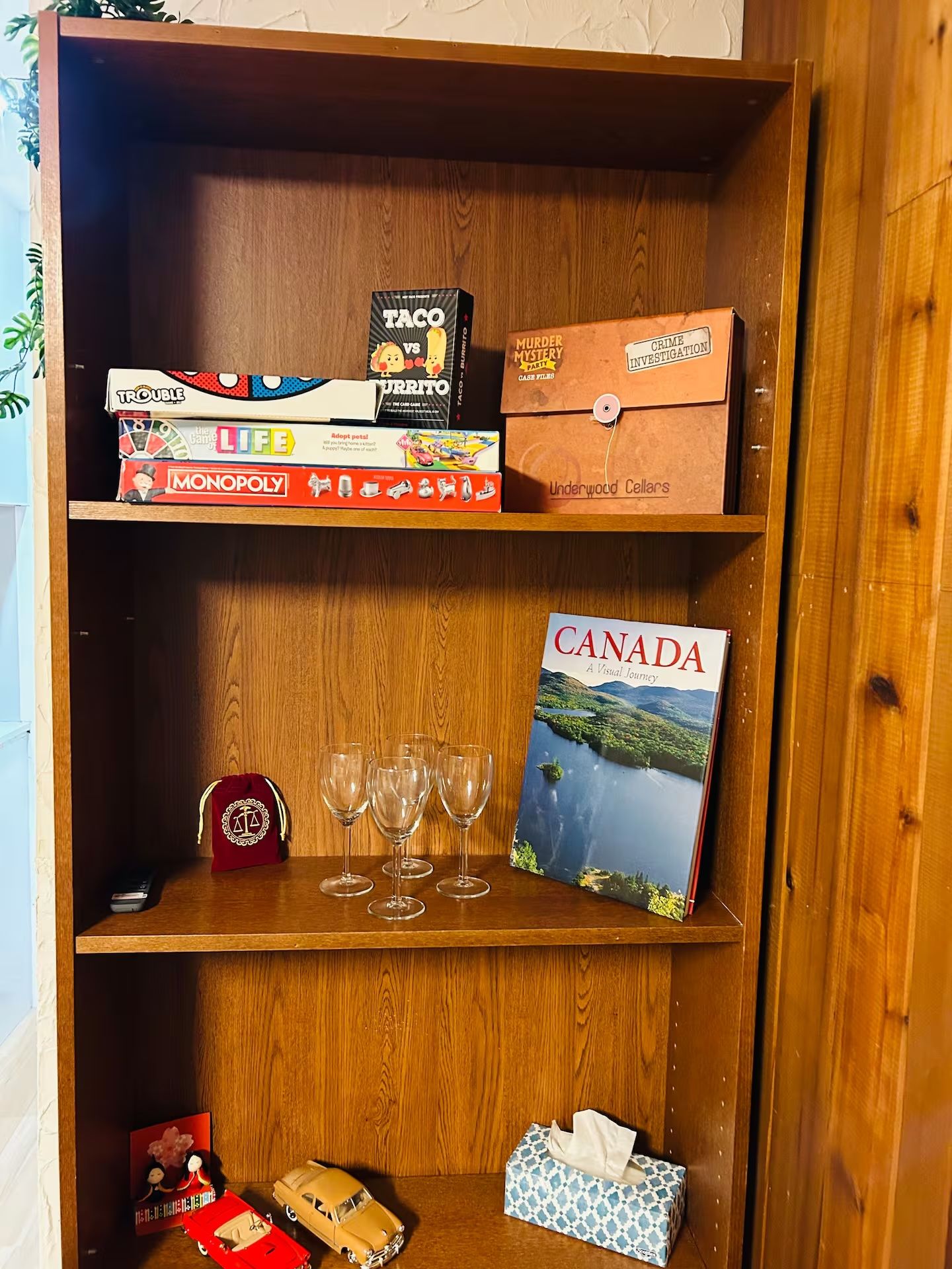 A wooden shelf with various board games, a book titled 'Canada: A Visual Journey,' and a tissue box.