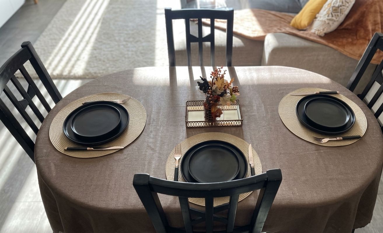 A dining table set with black plates, gold-rimmed cutlery, and woven placemats.