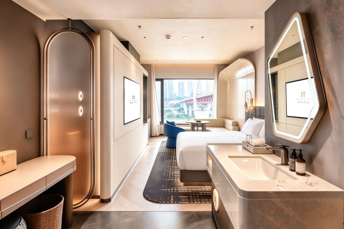 Una habitación de hotel moderna con cama, zona de estar, baño con tocador y un espejo grande.