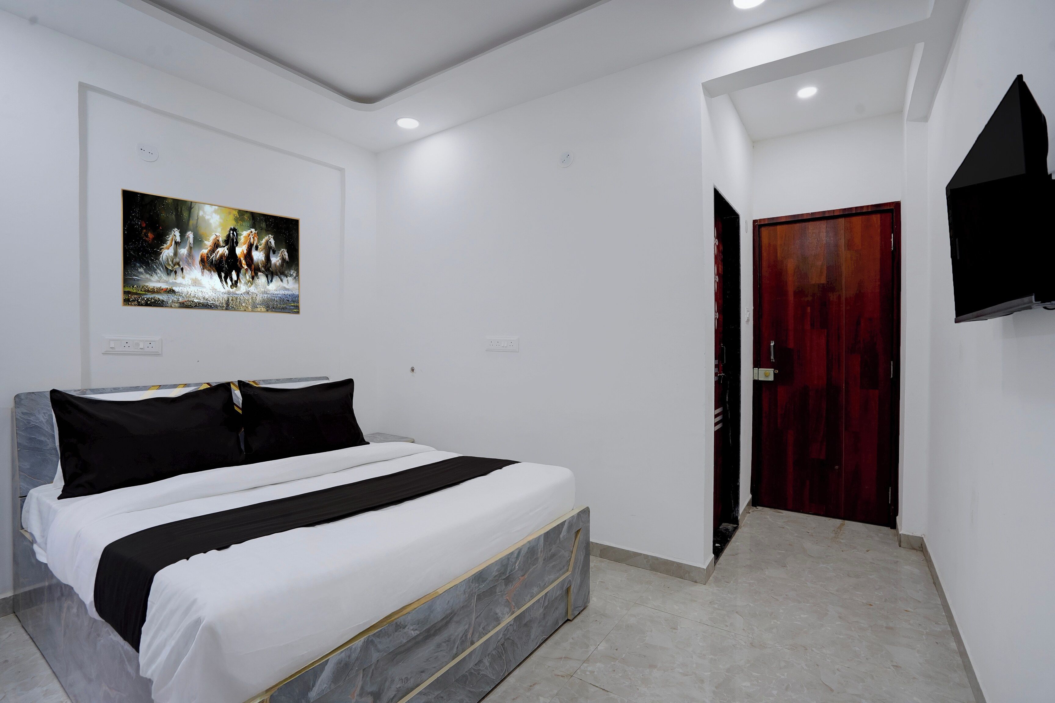 Une chambre à coucher avec un lit, un tableau, une télévision et une porte.