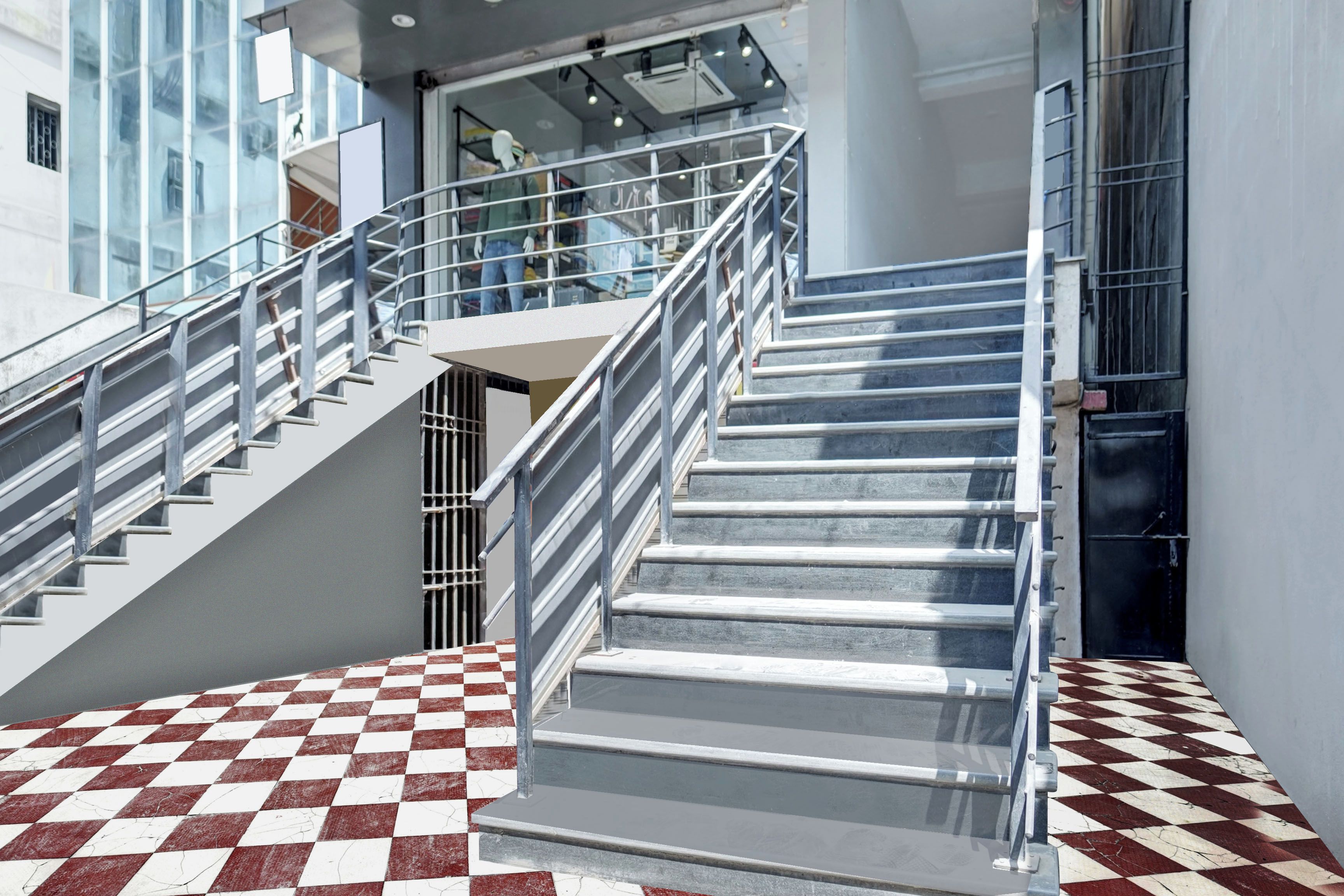 A staircase with metal railings and a checkered floor pattern.
