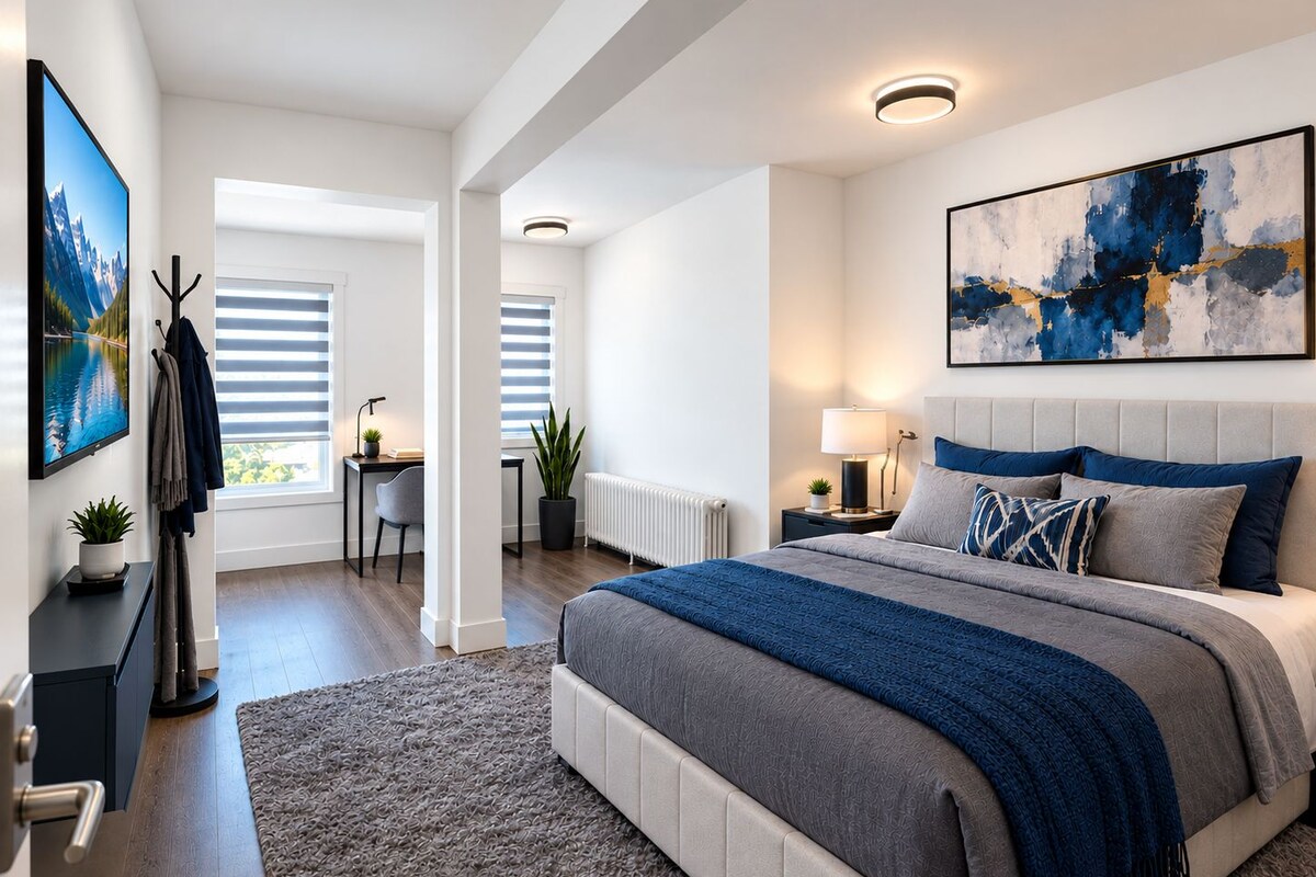 Un dormitorio moderno con una cama grande, un escritorio y una silla.