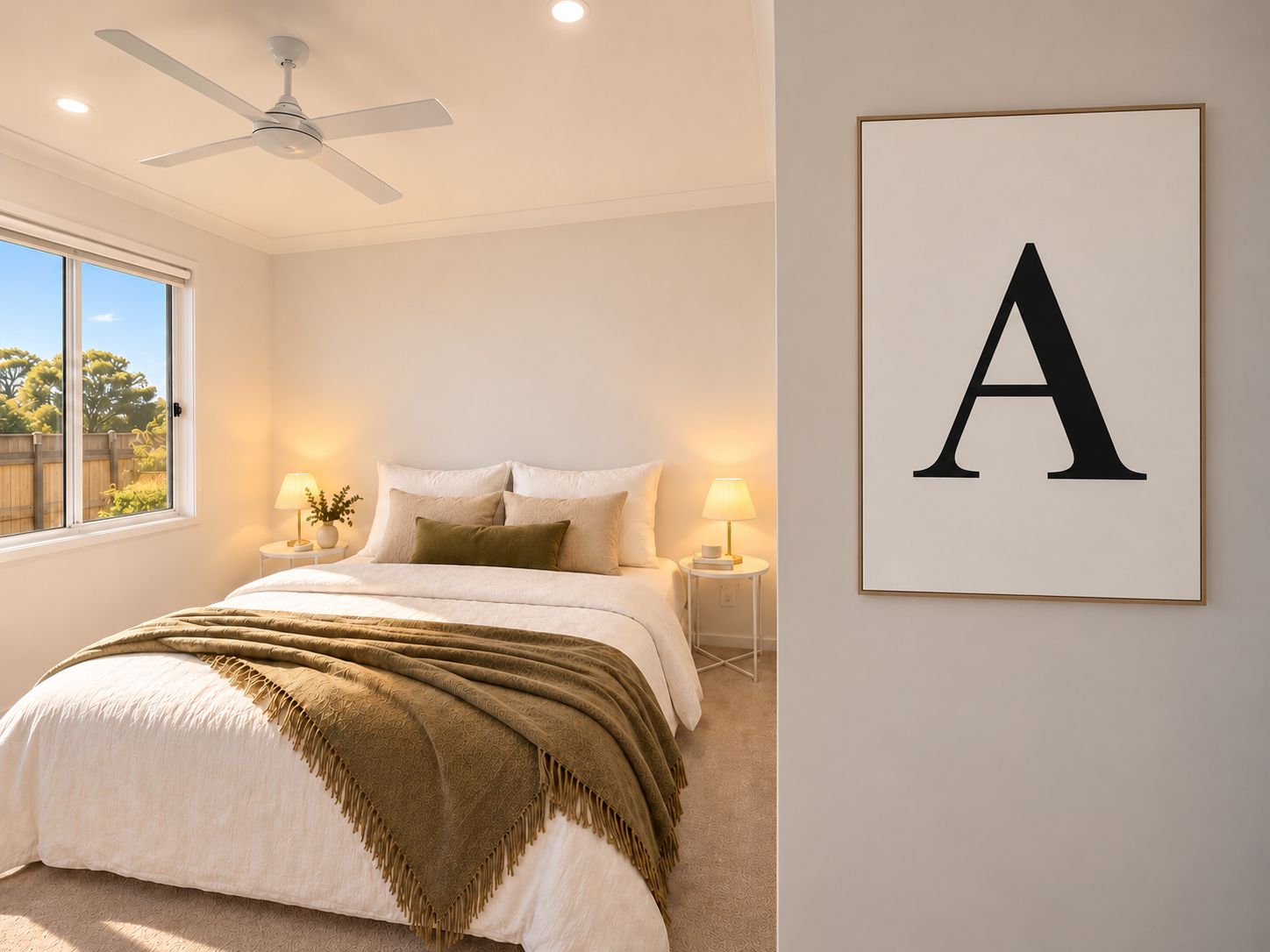A bedroom with a bed, a ceiling fan, a window, a wall-mounted letter 'A', and a nightstand with a lamp.