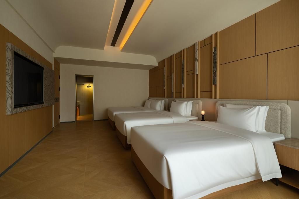 A hotel room with a large bed, a TV mounted on the wall, and a wooden panel design.
