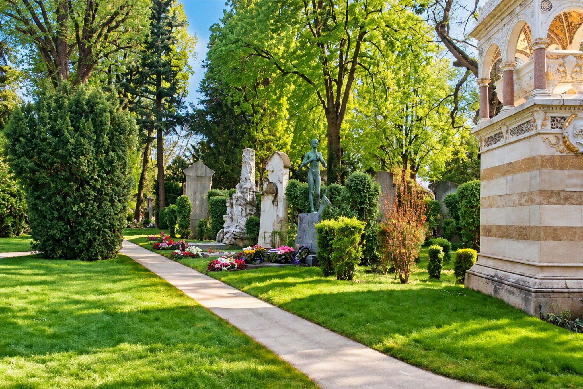 Ein Friedhof mit einem zentralen Weg, Grabsteinen und einer Statue.