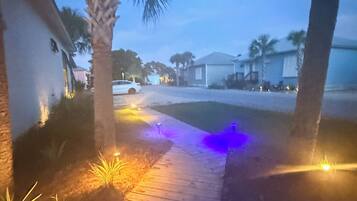A pathway with palm trees and outdoor lighting.