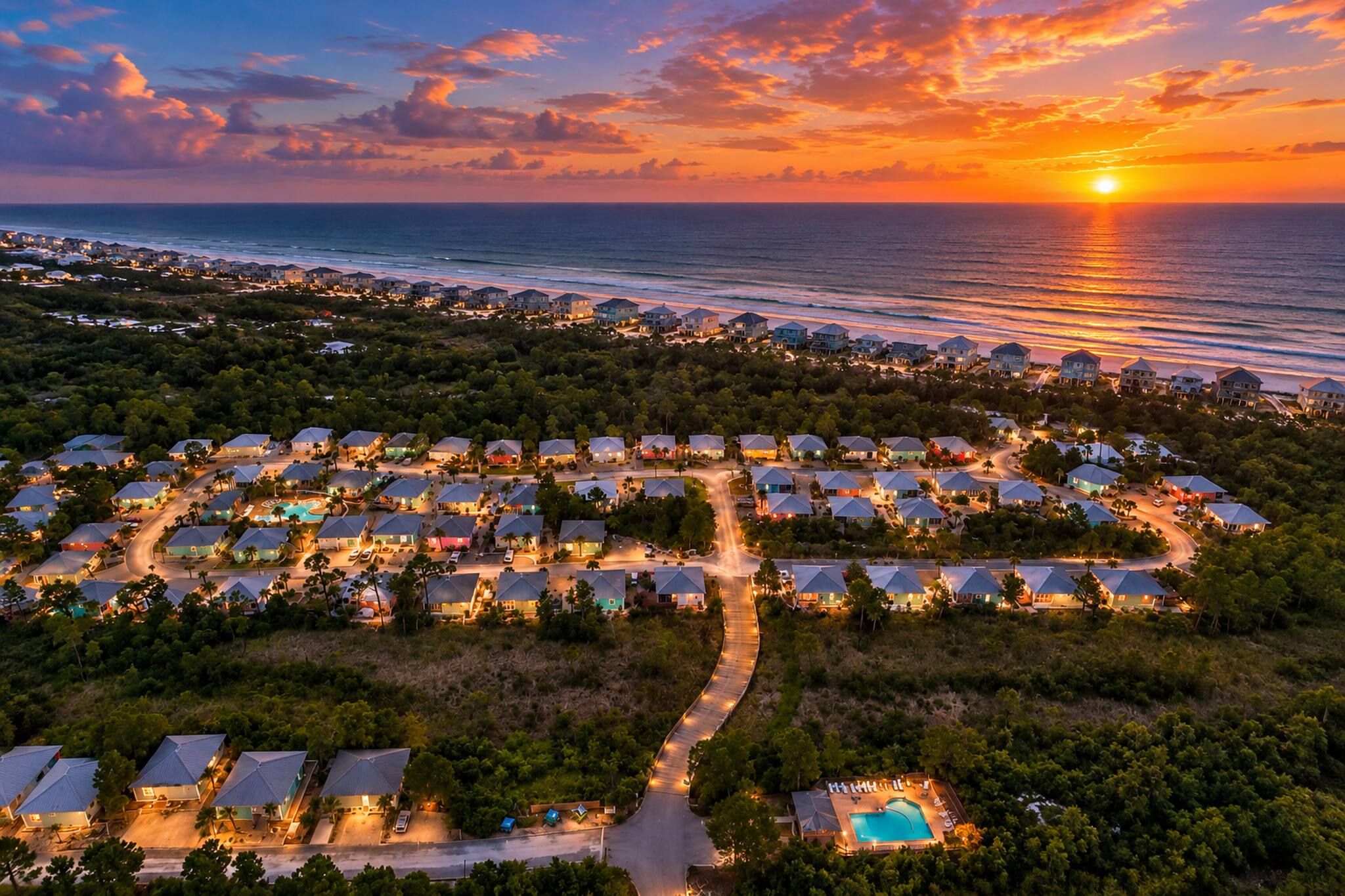 A coastal resort with multiple bungalow-style buildings, a winding road, and a visible swimming pool.