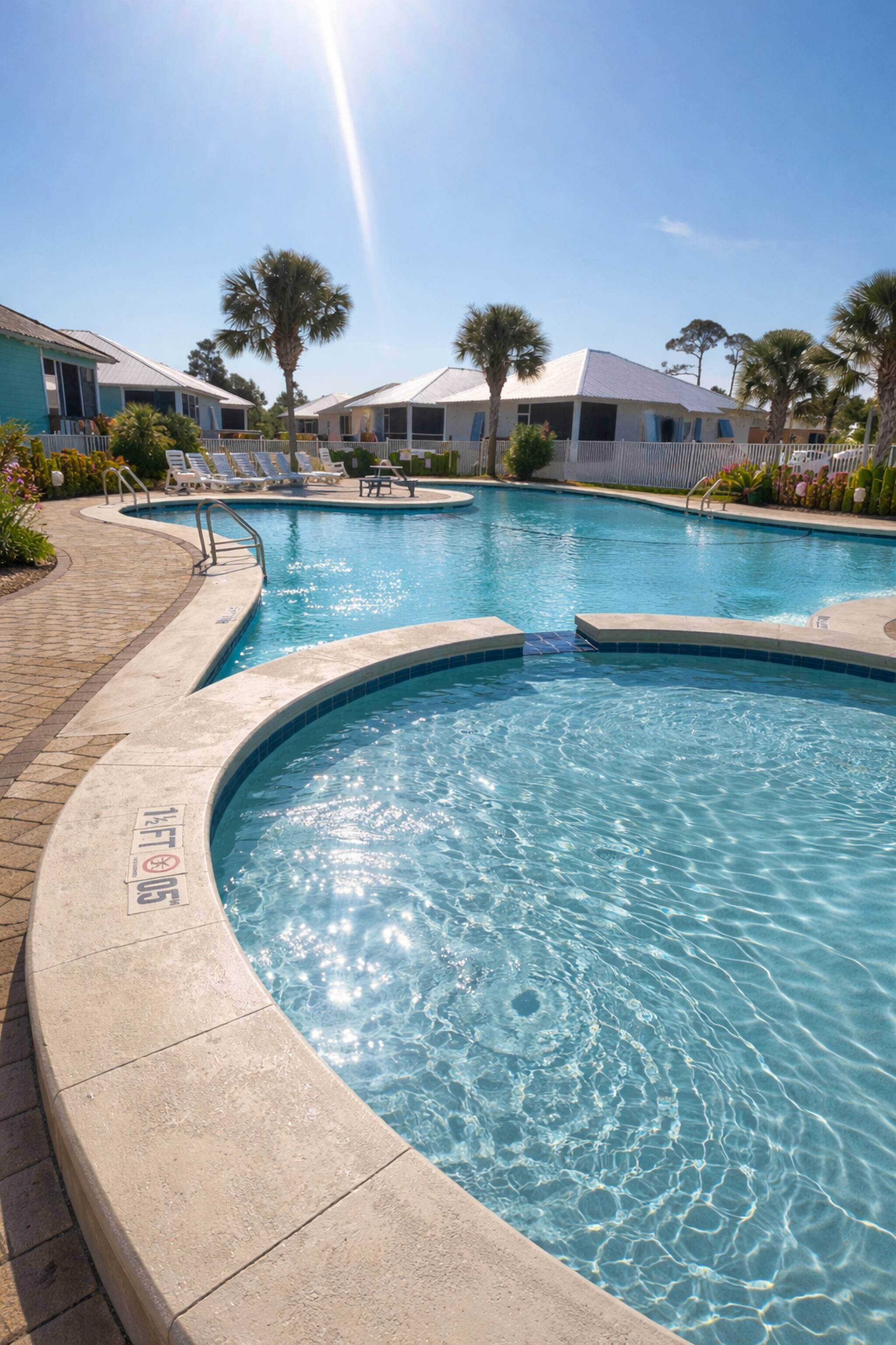 A swimming pool with a curved edge, surrounded by lounge chairs and palm trees.