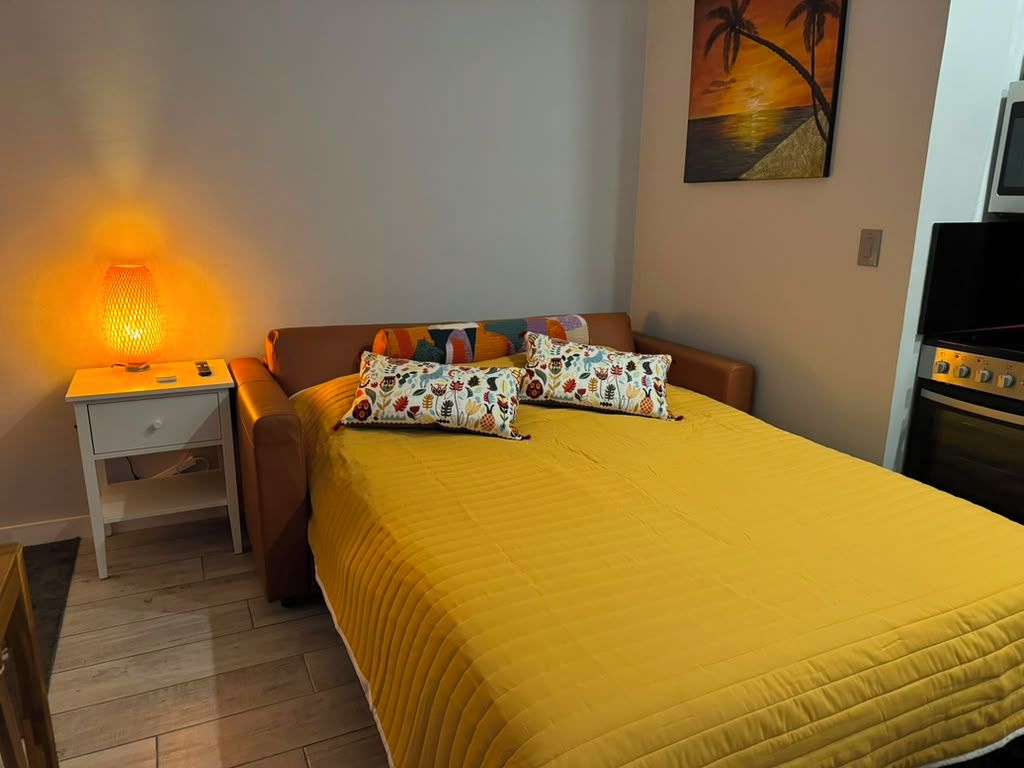 Une chambre à coucher comprenant un lit, une table de chevet, une lampe, un tableau et un coin cuisine.