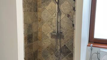 Un espace douche équipé d’un pommeau de douche à pluie, d’un pommeau de douche à main et d’un flexible de douche à main.