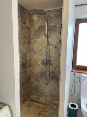 Un espace douche équipé d’un pommeau de douche à pluie, d’un pommeau de douche à main et d’un flexible de douche à main.