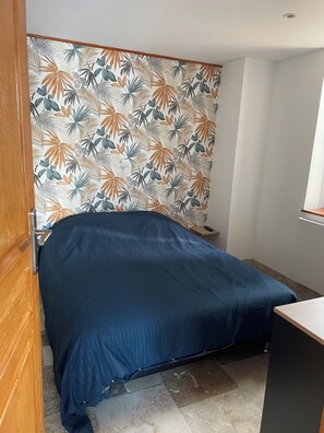 A room with a bed, a wooden door, and a patterned wallpaper. - New Listing (Saint-Julia)