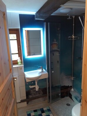 Une salle de bain avec un lavabo, un miroir et une douche.
