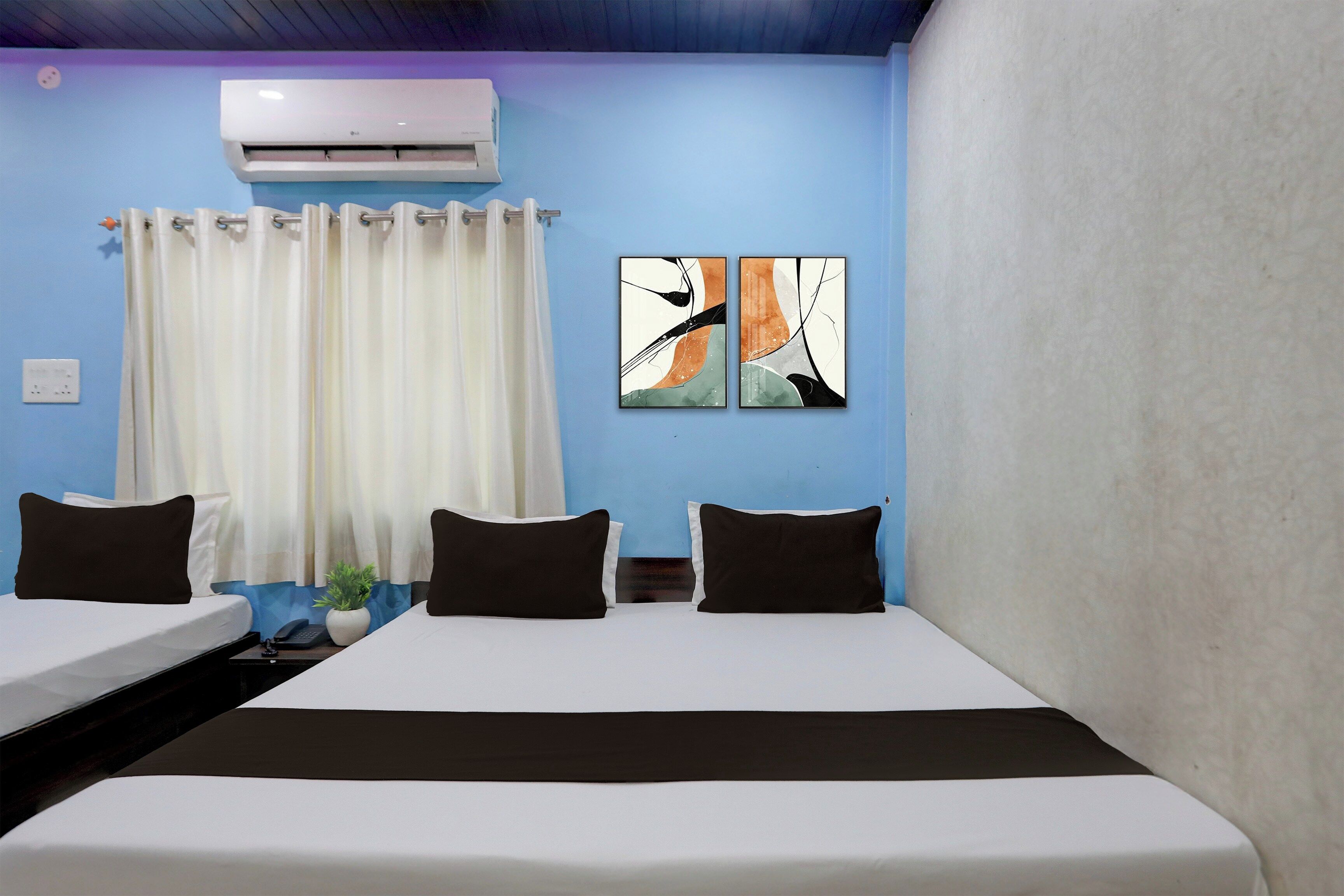 A hotel room with a bed, two bedside tables, a telephone, a plant, and a window with curtains.